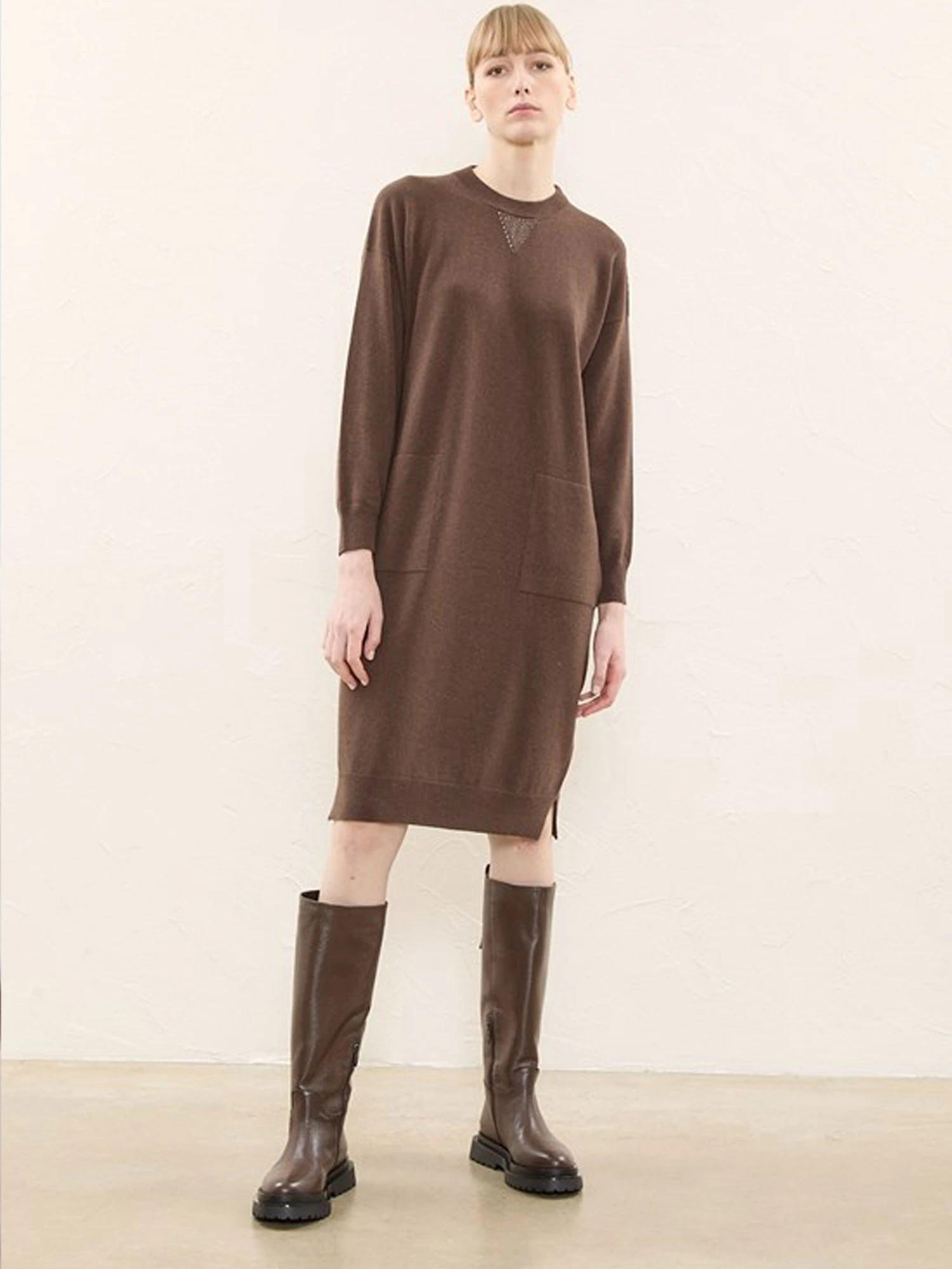 Vガゼットボールチェーンウールシルクカシミヤニットワンピース