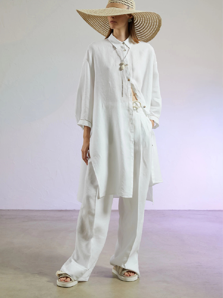 PESERICO(ペセリコ) |サイドスリット麻オーバーロングシャツ