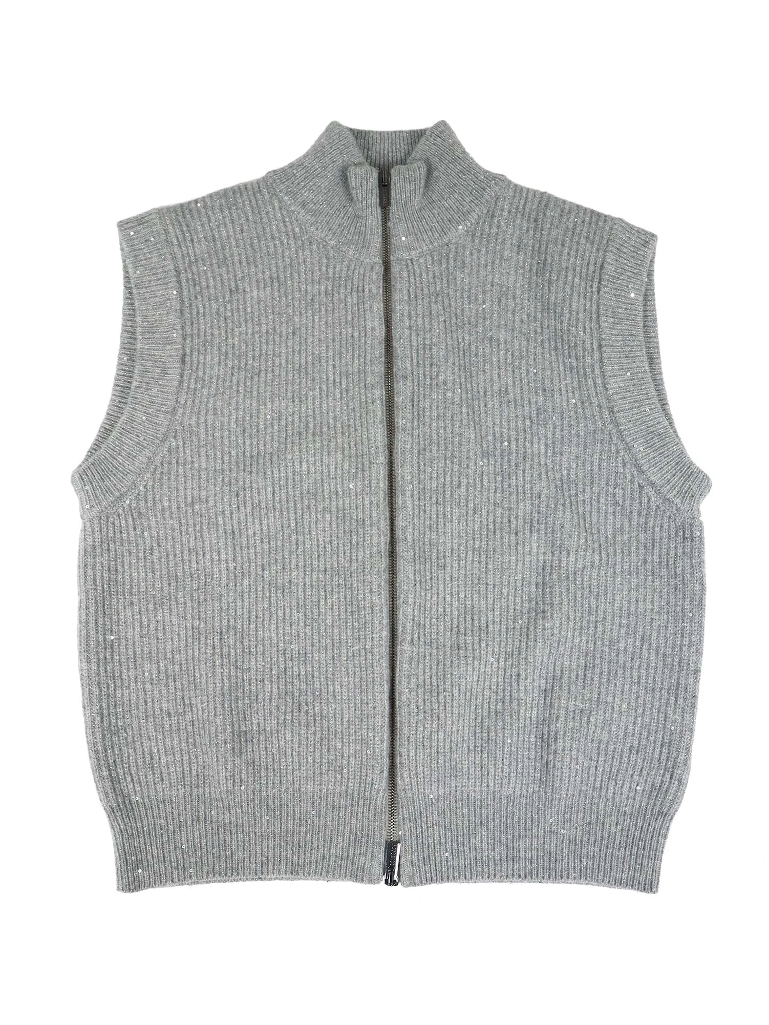 ラメ糸混 ミニスパンコールヤーン ウールカシミヤ ジップアップベスト