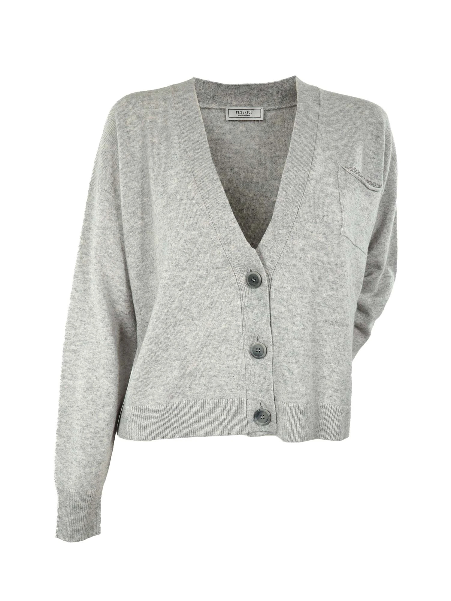 ペゼリコpeserico カーディガン 胸ポケットボールチェーン装飾 毛絹カシミヤ Vネックカーディガン