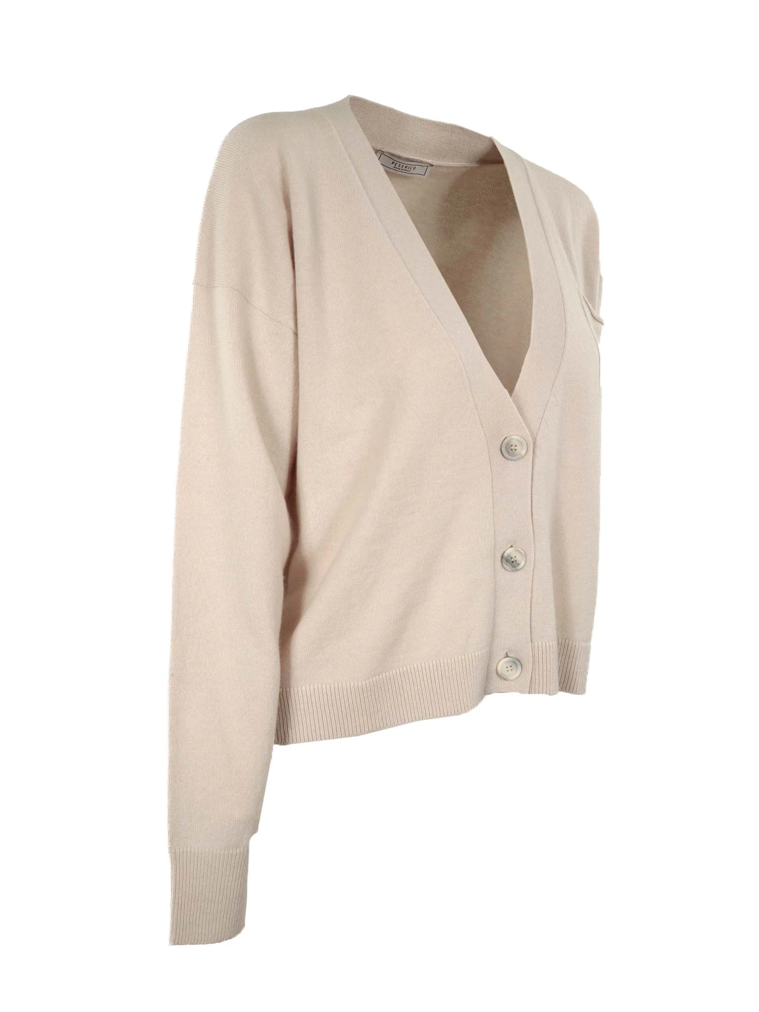 ペゼリコpeserico カーディガン 胸ポケットボールチェーン装飾 毛絹カシミヤ Vネックカーディガン