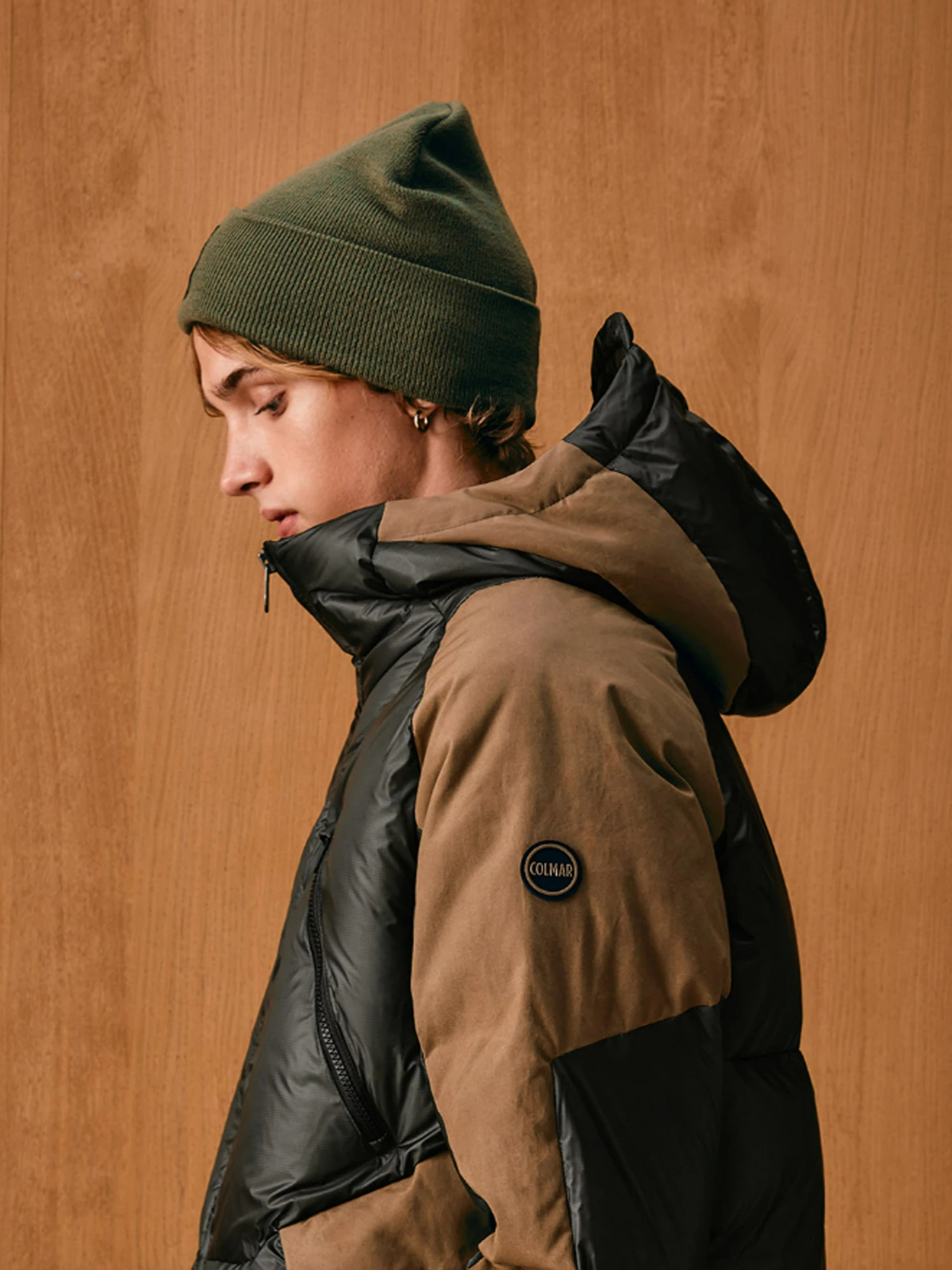 MEN'S】バイザーフードデザインカラーブロックダウンジャケット