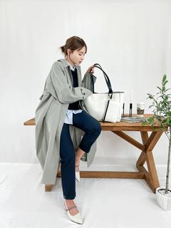 リボンカラーコート ウールブレンドコート ブラック×ブルーグレー リボンカラーコート – KUOSE.com